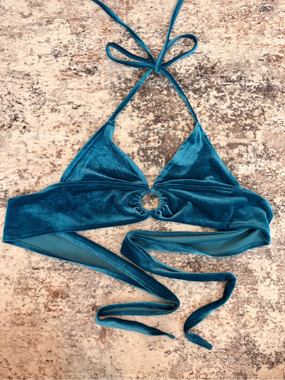 SHEIN Teal Velvet Ring Halter Wrap Crop Top